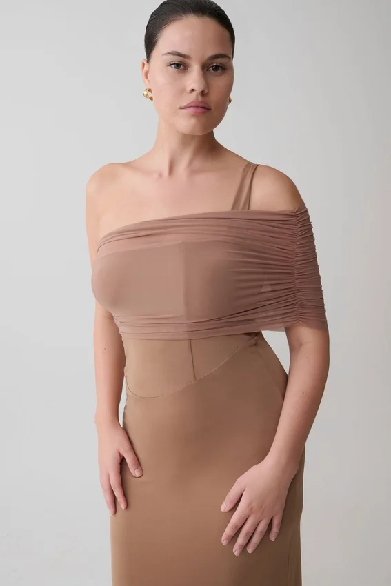 Hanh One Shoulder Mesh Maxi Dress – Tan Hanh One Shoulder Mesh Maxi Dress – Tan