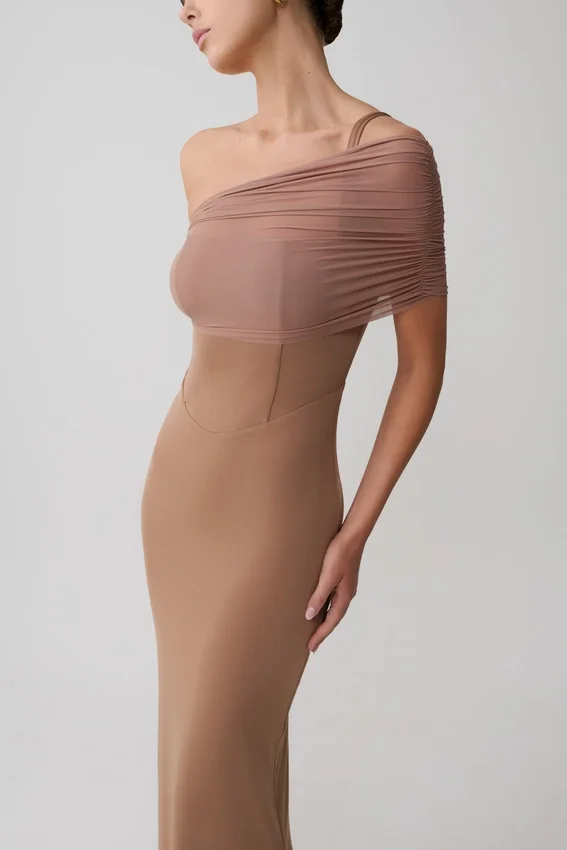Hanh One Shoulder Mesh Maxi Dress – Tan Hanh One Shoulder Mesh Maxi Dress – Tan