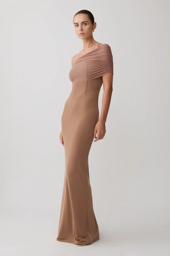 Hanh One Shoulder Mesh Maxi Dress – Tan Hanh One Shoulder Mesh Maxi Dress – Tan