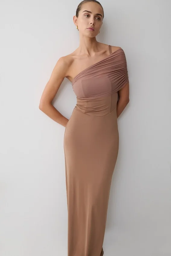 Hanh One Shoulder Mesh Maxi Dress – Tan Hanh One Shoulder Mesh Maxi Dress – Tan