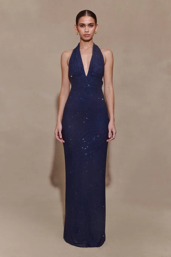 Harriet Halter Neck Diamante Maxi Dress – Navy Harriet Halter Neck Diamante Maxi Dress – Navy