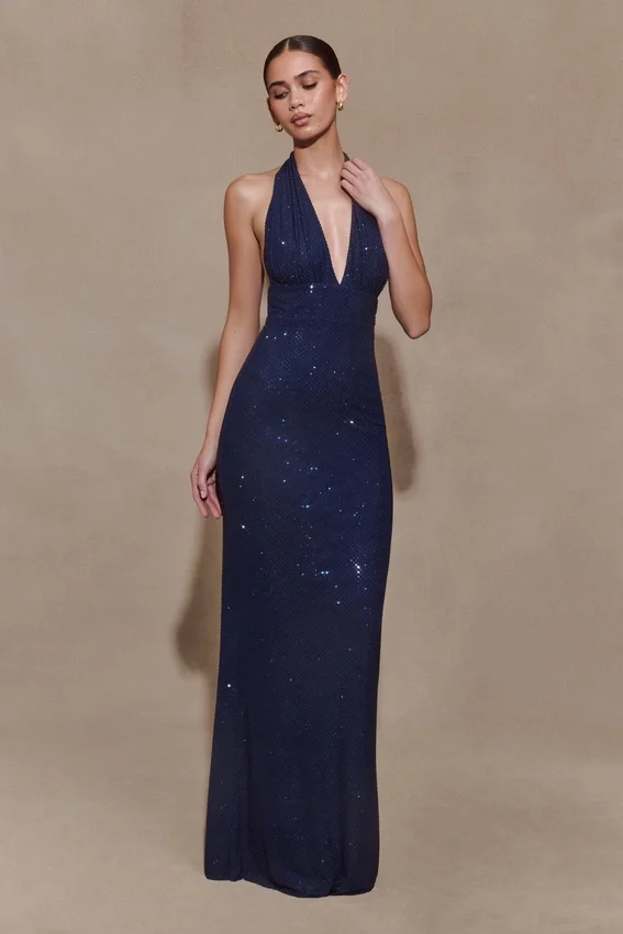 Harriet Halter Neck Diamante Maxi Dress – Navy Harriet Halter Neck Diamante Maxi Dress – Navy