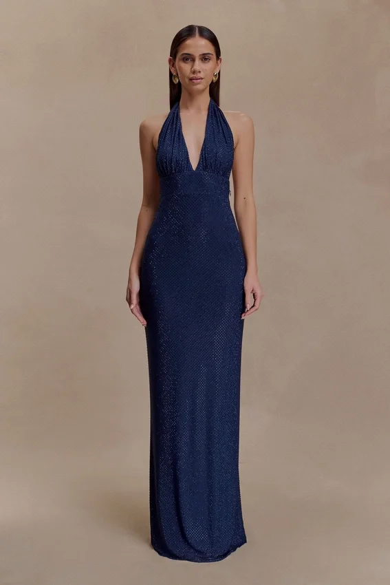 Harriet Halter Neck Diamante Maxi Dress – Navy Harriet Halter Neck Diamante Maxi Dress – Navy