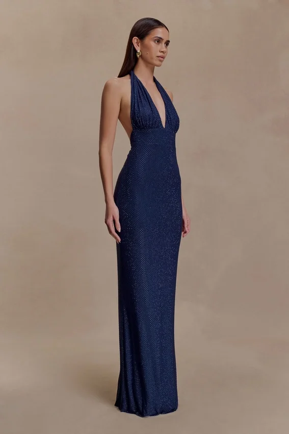 Harriet Halter Neck Diamante Maxi Dress – Navy Harriet Halter Neck Diamante Maxi Dress – Navy