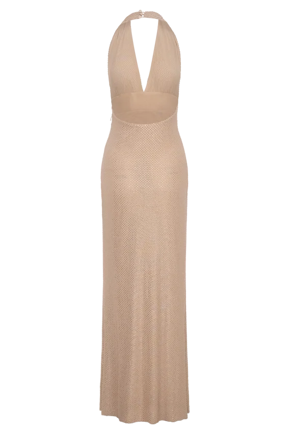 Harriet Halter Neck Diamante Maxi Dress – Sandy Gold Harriet Halter Neck Diamante Maxi Dress – Sandy Gold