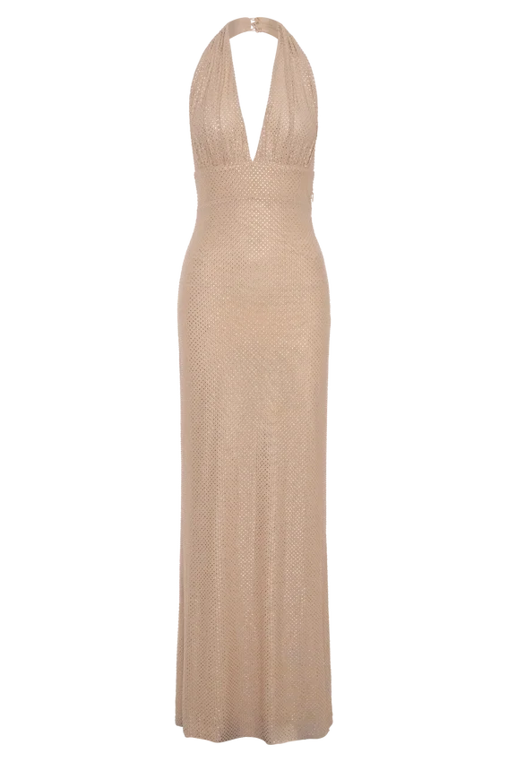 Harriet Halter Neck Diamante Maxi Dress – Sandy Gold Harriet Halter Neck Diamante Maxi Dress – Sandy Gold