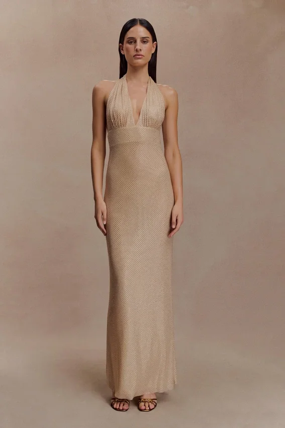 Harriet Halter Neck Diamante Maxi Dress – Sandy Gold Harriet Halter Neck Diamante Maxi Dress – Sandy Gold