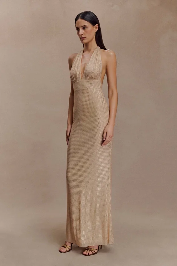 Harriet Halter Neck Diamante Maxi Dress – Sandy Gold Harriet Halter Neck Diamante Maxi Dress – Sandy Gold