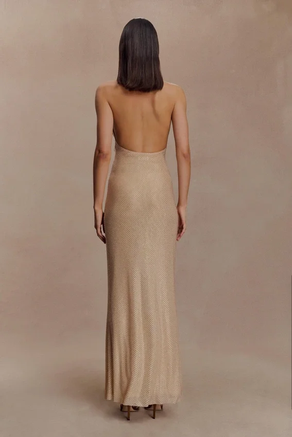 Harriet Halter Neck Diamante Maxi Dress – Sandy Gold Harriet Halter Neck Diamante Maxi Dress – Sandy Gold