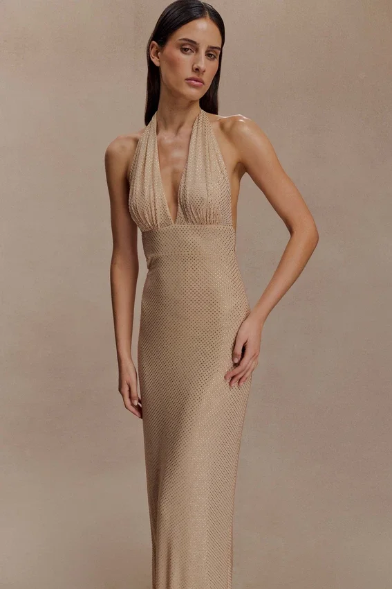 Harriet Halter Neck Diamante Maxi Dress – Sandy Gold Harriet Halter Neck Diamante Maxi Dress – Sandy Gold