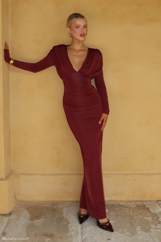 Hayden Long Sleeve Plunge Maxi Dress – Wine Hayden Long Sleeve Plunge Maxi Dress – Wine
