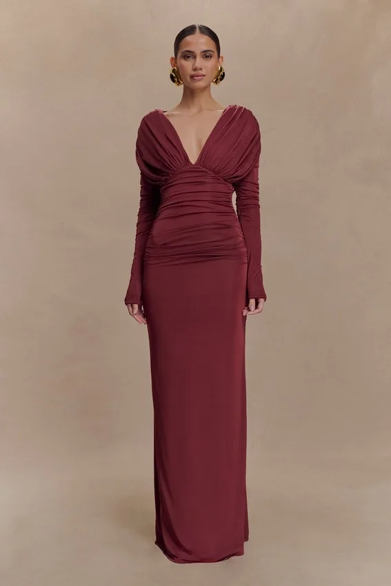Hayden Long Sleeve Plunge Maxi Dress – Wine Hayden Long Sleeve Plunge Maxi Dress – Wine