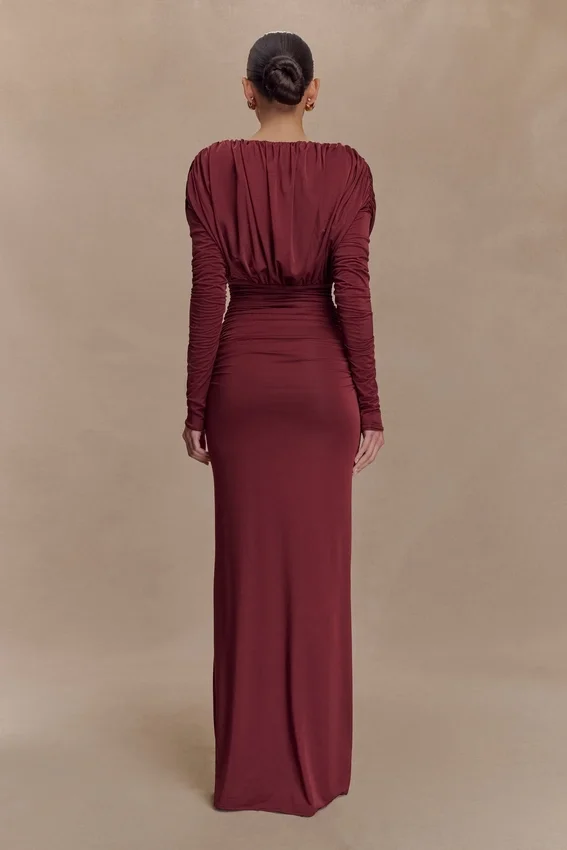 Hayden Long Sleeve Plunge Maxi Dress – Wine Hayden Long Sleeve Plunge Maxi Dress – Wine