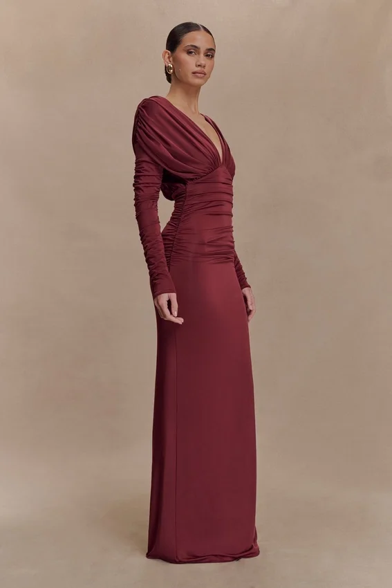Hayden Long Sleeve Plunge Maxi Dress – Wine Hayden Long Sleeve Plunge Maxi Dress – Wine