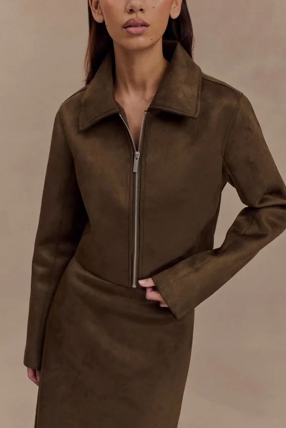 Hayes Faux Suede Collared Jacket – Chocolate Hayes Faux Suede Collared Jacket – Chocolate