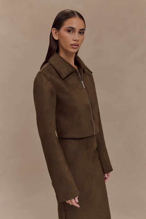 Hayes Faux Suede Collared Jacket – Chocolate Hayes Faux Suede Collared Jacket – Chocolate