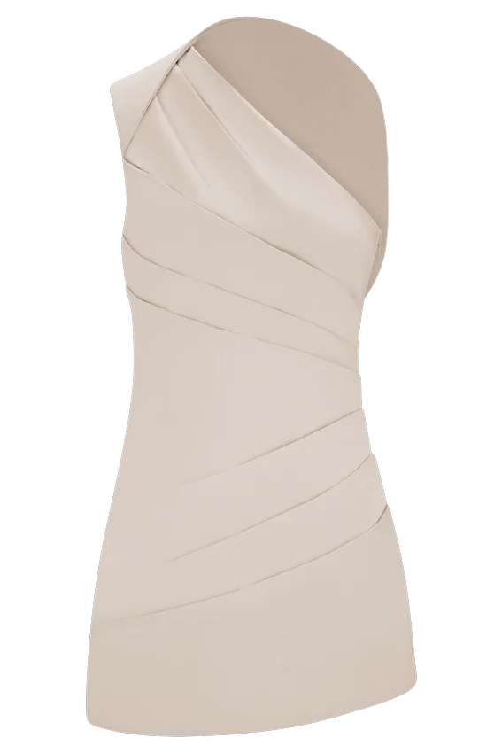 Helena One Shoulder Linen Mini Dress – Natural Beige Helena One Shoulder Linen Mini Dress – Natural Beige