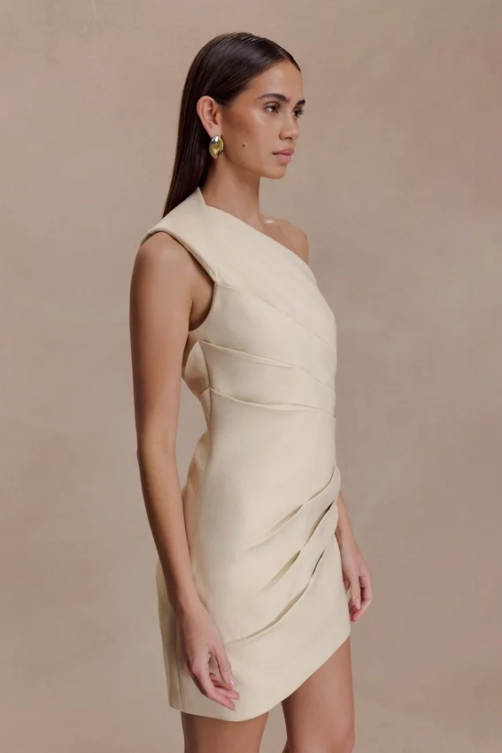 Helena One Shoulder Linen Mini Dress – Natural Beige Helena One Shoulder Linen Mini Dress – Natural Beige