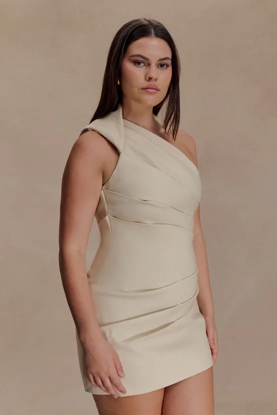Helena One Shoulder Linen Mini Dress – Natural Beige Helena One Shoulder Linen Mini Dress – Natural Beige