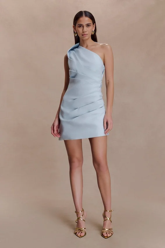Helena One Shoulder Linen Mini Dress – Powder Blue Helena One Shoulder Linen Mini Dress – Powder Blue