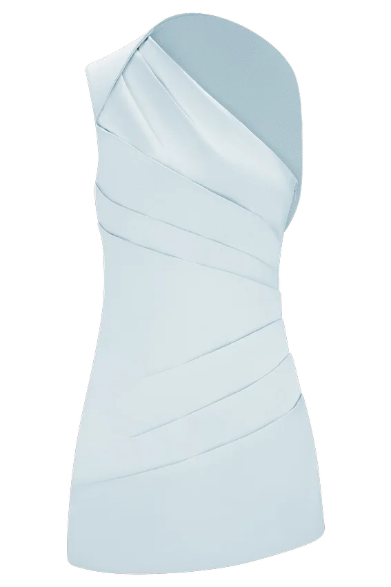 Helena One Shoulder Linen Mini Dress – Powder Blue Helena One Shoulder Linen Mini Dress – Powder Blue