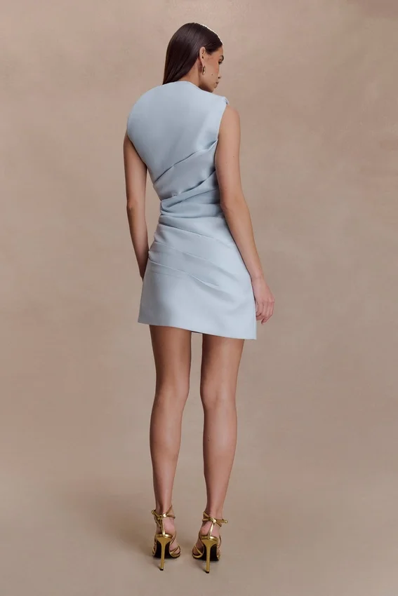 Helena One Shoulder Linen Mini Dress – Powder Blue Helena One Shoulder Linen Mini Dress – Powder Blue