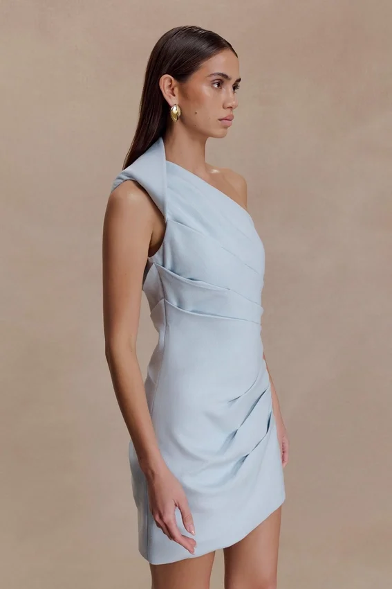 Helena One Shoulder Linen Mini Dress – Powder Blue Helena One Shoulder Linen Mini Dress – Powder Blue