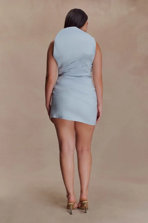 Helena One Shoulder Linen Mini Dress – Powder Blue Helena One Shoulder Linen Mini Dress – Powder Blue