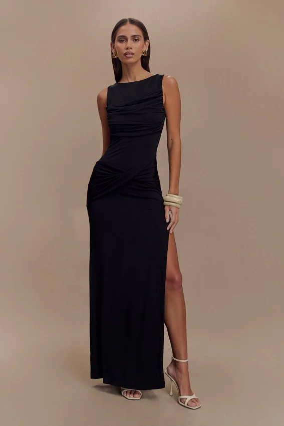 Henley Slinky Drape Maxi Dress – Black Henley Slinky Drape Maxi Dress – Black