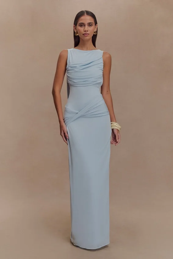 Henley Slinky Drape Maxi Dress – Pale Blue Henley Slinky Drape Maxi Dress – Pale Blue