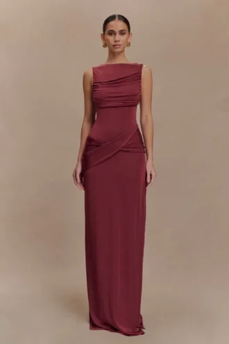 Henley Slinky Drape Maxi Dress – Wine