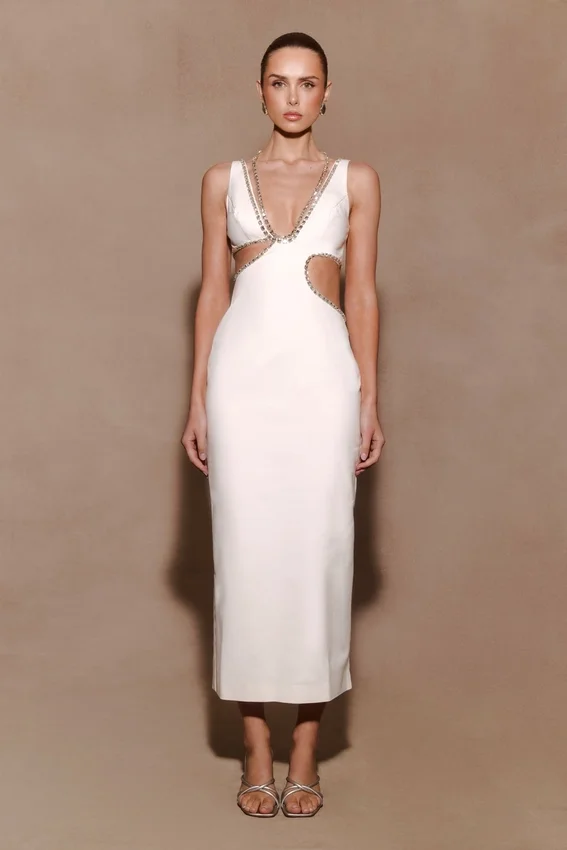 Henny Diamante Trim Cut Out Midi Dress – White Henny Diamante Trim Cut Out Midi Dress – White