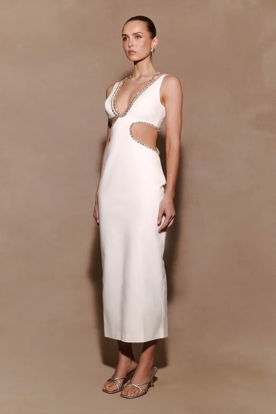 Henny Diamante Trim Cut Out Midi Dress – White Henny Diamante Trim Cut Out Midi Dress – White
