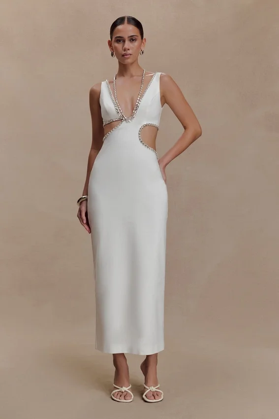 Henny Diamante Trim Cut Out Midi Dress – White Henny Diamante Trim Cut Out Midi Dress – White
