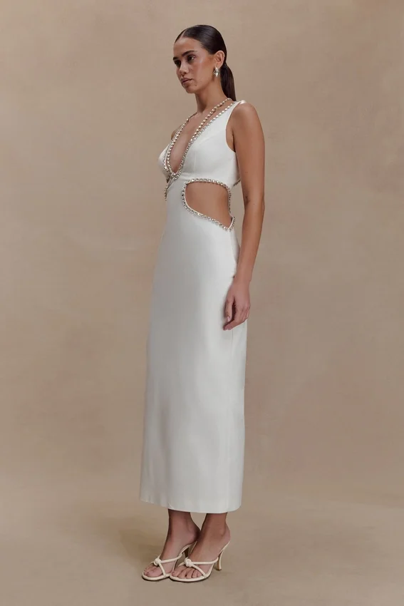 Henny Diamante Trim Cut Out Midi Dress – White Henny Diamante Trim Cut Out Midi Dress – White