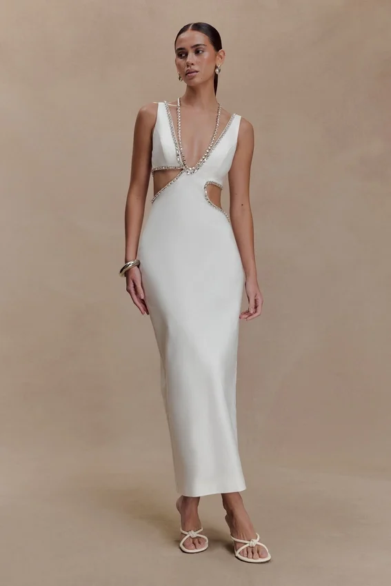 Henny Diamante Trim Cut Out Midi Dress – White Henny Diamante Trim Cut Out Midi Dress – White