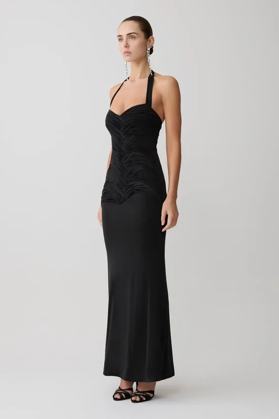 Hoai Gathered Slinky Halter Maxi Dress – Black Hoai Gathered Slinky Halter Maxi Dress – Black