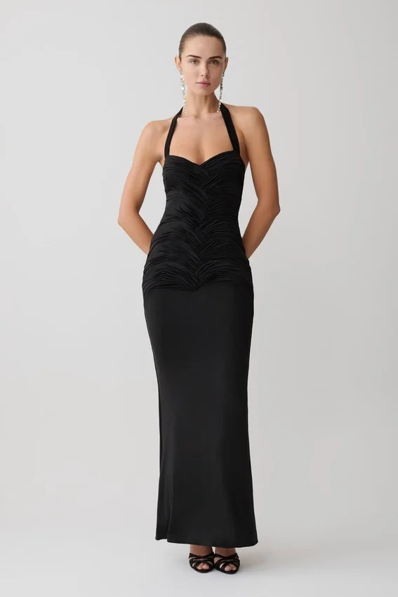 Hoai Gathered Slinky Halter Maxi Dress – Black Hoai Gathered Slinky Halter Maxi Dress – Black