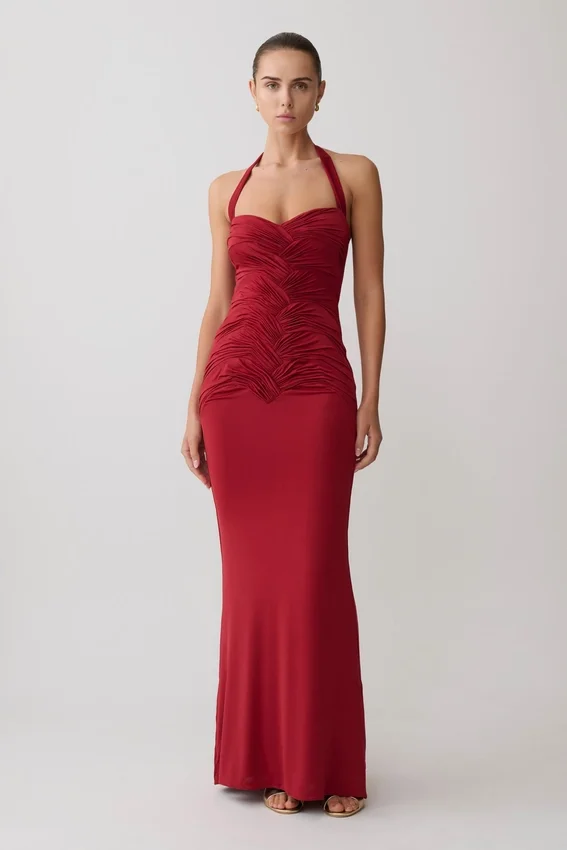 Hoai Gathered Slinky Halter Maxi Dress – Deep Red Hoai Gathered Slinky Halter Maxi Dress – Deep Red