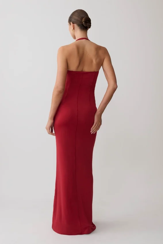 Hoai Gathered Slinky Halter Maxi Dress – Deep Red Hoai Gathered Slinky Halter Maxi Dress – Deep Red