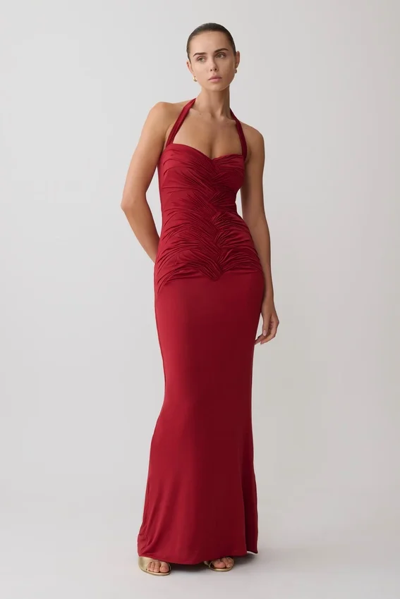 Hoai Gathered Slinky Halter Maxi Dress – Deep Red Hoai Gathered Slinky Halter Maxi Dress – Deep Red