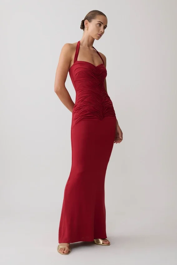 Hoai Gathered Slinky Halter Maxi Dress – Deep Red Hoai Gathered Slinky Halter Maxi Dress – Deep Red