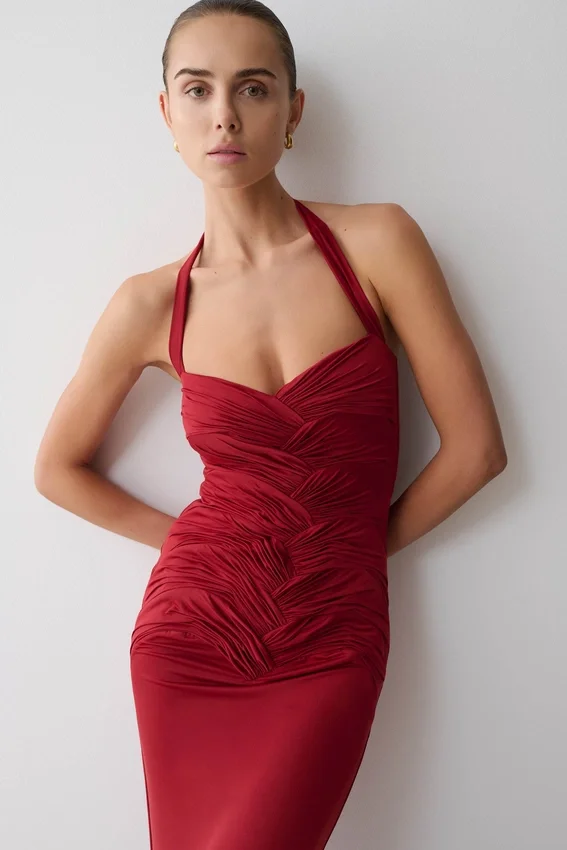 Hoai Gathered Slinky Halter Maxi Dress – Deep Red Hoai Gathered Slinky Halter Maxi Dress – Deep Red