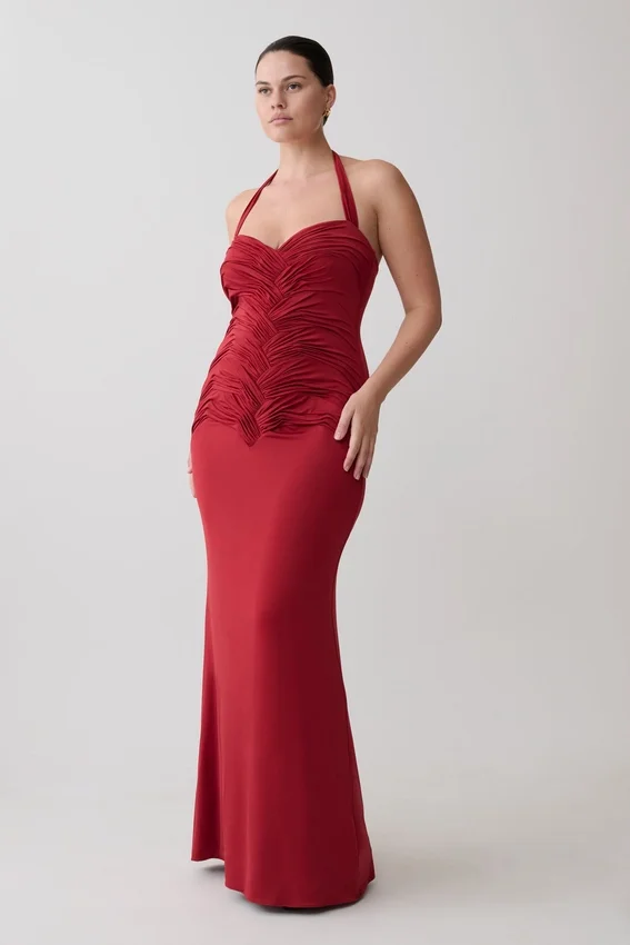 Hoai Gathered Slinky Halter Maxi Dress – Deep Red Hoai Gathered Slinky Halter Maxi Dress – Deep Red