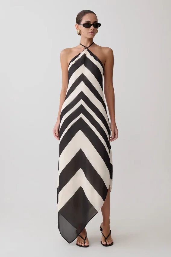 Hope Satin Halter Midi Dress – Black/White Hope Satin Halter Midi Dress – Black/White