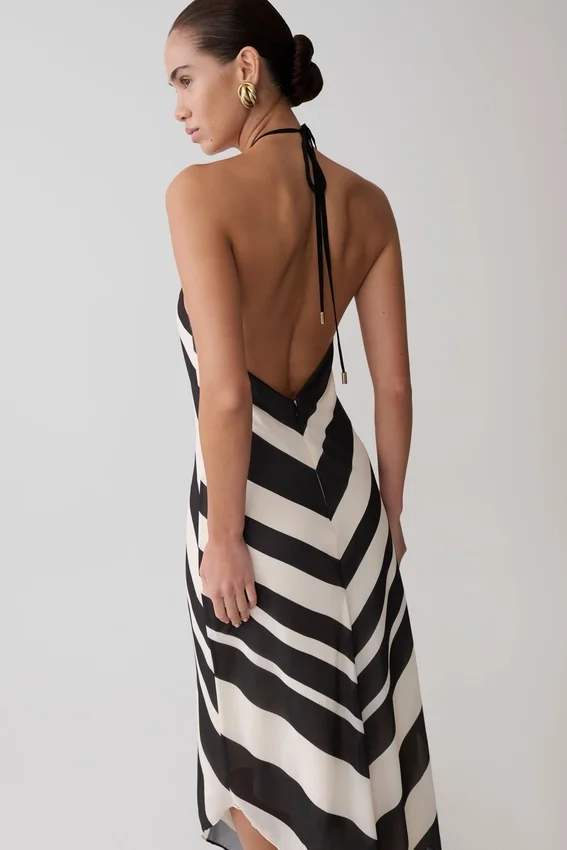 Hope Satin Halter Midi Dress – Black/White Hope Satin Halter Midi Dress – Black/White