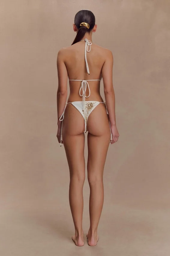 Huntleigh Crochet Bikini Bottom – White & Gold Sunshine Print Huntleigh Crochet Bikini Bottom – White & Gold Sunshine Print