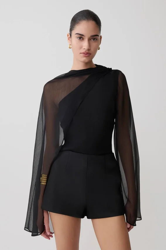 Ida Sheer Asymmetrical Long Sleeve Cape – Black Ida Sheer Asymmetrical Long Sleeve Cape – Black