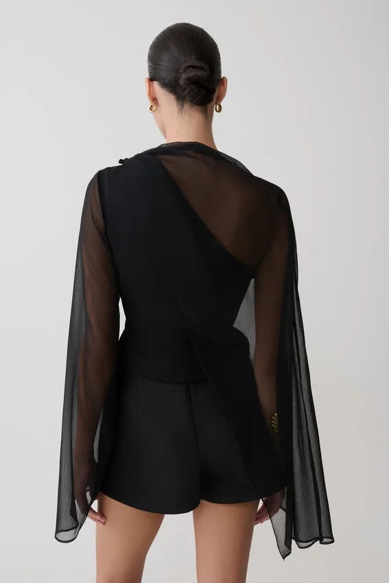 Ida Sheer Asymmetrical Long Sleeve Cape – Black Ida Sheer Asymmetrical Long Sleeve Cape – Black