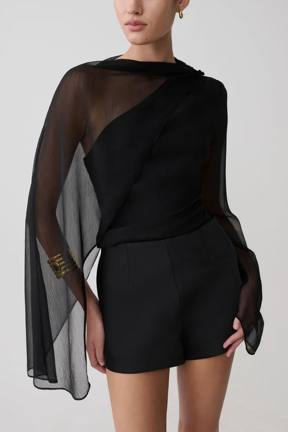 Ida Sheer Asymmetrical Long Sleeve Cape – Black Ida Sheer Asymmetrical Long Sleeve Cape – Black